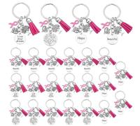 PH PandaHall 24pcs 4 Styles Breast Cancer Awareness Pink Ribbon Keychain 3.2 inch Alloy Key Chains Antique Silver Inspirational Cancer Survivor Gift for Women Gifts Support Everyday Carry