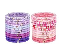 PH PandaHall 24pcs Heishi Surfer Bracelets Set, 12 Styles 6mm Heishi Bracelets Polymer Clay Bead Bracelets Stretch Bracelets Stackable Elastic Bohemia Bracelets for Summer Beach, Pink and Purple