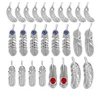 PH PandaHall 26pcs 6 Styles Alloy Feather Charms 1.2~2.3 inch Antique Silver Feather Pendants for Jewellery Making Bulk Bracelet Necklace DIY Crafts Halloween Christmas Birthday Gift Decorations