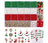 PH PandaHall 2765pcs Christmas Beads Kit, Snowmen Snowflakes Santa Claus Charms Christmas Trees Wreaths Charm 4 Color 4mm Red Green Seed Beads Letter Bead for Xmas Jewellery Making Bracelet Necklace