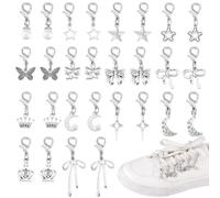 PH PandaHall 28pcs Clip on Charm Pendants Alloy Shoes Decoration Charms, 14 Styles Antique Silver Star Bow Shoe Lace Charms with Lobster Clasp for Sneakers Canvas Shoes Boots Jewellery Making