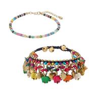 PH PandaHall 2pcs Bohemian Ankle Bracelets for Women, Colorful Beaded Gemstone Disc Elephant Tassel Anklets Adjustable Boho Anklets for Beach Vacation Music Festival Holiday, 2 Styles