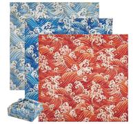 PH PandaHall 3 Colors Japanese Furoshiki Wrapping Cloth Sea Wave Printed Gift Wrap Fabric Golden Line Wave Bento Bag Placemats Soft Bandanas for Lunch Boxes Wine Bottles Home Decor, 48x48cm