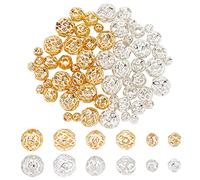 PH PandaHall 3 Sizes 18K Gold Plated Beads 60pcs Round Hollow Bead, Golden Silver Filigree Bead Metal Spacer Beads for DIY Crafts Summer Bracelets Necklaces Earrings Jewellery Making, 4/6/8mm