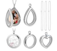 PH PandaHall 3 Styles Locket Pendant Necklace 304 Stainless Steel Memory Floating Charms Round Memory Necklace Teardrop Heart Pendant Buckle Closure for Women Friendship Necklace Memory Nostalgic