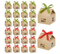PH PandaHall 30 Sets House Shaped Gift Boxes, 3.5"x3.5"x2.3" Kraft Paper Boxes with Ribbons Cookie Bakery Box Cardboard Treat Box for Mother's Day Easter Open House Birthday Wedding Party, Brown