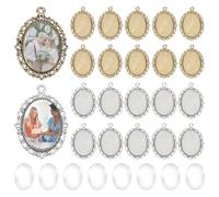 PH PandaHall 30 Sets Pendant Tray Kit, 30pcs Oval Pendant Blank Bezel Tibetan Alloy Photo Pendants 30pcs 25x18mm Glass Clear Cabochon for Necklace Wedding Bouquet Graduation Photo Charm, 2 Colors