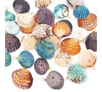 PH PandaHall 32pcs Natural Shell Pendants, 4 Colors Scallop Pendants Dyed Beach Seashells Charms Dyed Summer Sea Shell Pendants Wrapped with Golden Copper Wire for Bracelet Jewellery DIY Craft Making