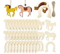 PH PandaHall 36pcs 3 Styles Wooden Horse & Horseshoe Pendants Natural Wood Rustic Wall Decor with Jute Cord for Western Cowboy Bedroom Country Home Party Halloween Christmas Decoration