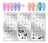 PH PandaHall 3pcs Abstract Faces Nail Art Templates, Abstract Flowers Leaves Nails Stamping Plate Line Woman Face Art Stencils Stainless Steel Image Plates for Women Nail Design Print Manicure Salon