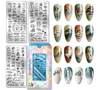 PH PandaHall 3pcs Chinese Landscape Nail Stamping Plates Mountains Rivers Nail Art Templates Bird Crane Nails Image Plates Plum Blossom Nails Design Stamp for DIY Women Manicures Salon Printing