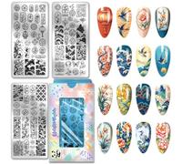 PH PandaHall 3pcs Chinese Style Flower Nail Stamping Plates Traditional Pattern Nail Art Templates Plum Blossoms Nails Art Stencils Lantern Waves Nails Design Stamp for Women Manicures Salon DIY Print