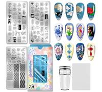 PH PandaHall 3pcs Chinese Traditional Pattern Nail Stamping Plates Floral Bird Nail Art Templates Oriental Landscape Manicure Art Stencils Porcelain Style Nails Design Stamp for Women Manicures Salon