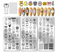 PH PandaHall 3pcs Cute Bear Nail Stamping Plates Bows Heart Nails Art Stencils Butterfly Fruit Mushroom Manicure Art Templates Lovely Sweet Style Nails Image Plates for Women Manicures Salon Design