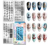PH PandaHall 3pcs Floral Anchor Nail Stamping Plates, Vintage Nautical Anchors Nail Art Templates Ocean Beach Wave Stainless Steel Image Plate Stencils with Tool for DIY Print Manicures Salon Design