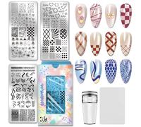 PH PandaHall 3pcs French Tip Nail Stamping Plates Line Plaid Texture Nail Art Templates Moon Star Flower Nails Art Stencils Bow Heart Nails Design Stamper for Women Home Manicures Salon DIY Printing