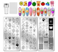 PH PandaHall 3pcs Fruit Theme Nail Stamping Plates Cute Bear Nails Art Stencils Strawberry Pineapple Cherry Nails Image Plates Bows Heart Manicure Art Templates for Women DIY Printing Manicures Salon