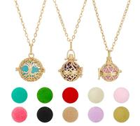 PH PandaHall 3pcs Golden Essential Oil Diffuser Necklace, Aromatherapy Locket Pendant with 10pcs Color Cotton Balls Scent Necklace Hollow Flower Pendant Necklaces for Men Women Jewellery Gifts