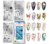 PH PandaHall 3pcs Gothic Letter Nail Stamping Plates Skeleton Butterfly Nail Art Templates Flower Candles Nails Art Stencils English Phrases Nails Image Plates for Women Home Manicures Salon Printing