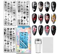 PH PandaHall 3pcs Gothic Nail Stamping Plates Horrible Nail Art Stencils Punk Face Eyes Mouth Lips Manicure Art Templates Stainless Steel Image Plates for DIY Print Manicures Salon Design Decoration