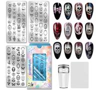 PH PandaHall 3pcs Gothic Skull Nail Stamping Plate Skeleton Picture Frame Nail Art Templates Candles Cobwebs Nails Stamper Kit Horror Butterfly Nails Art Stencils for Women Print Manicures Salon