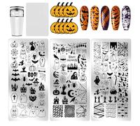 PH PandaHall 3pcs Halloween Nail Stamp Plate Ghosts Pumpkins Pattern Print Art Template Stainless Steel Bats Skeleton Pattern Nail Image Plate for Halloween Women Nails Decoration 12x6cm