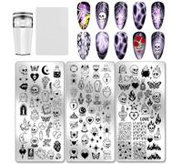PH PandaHall 3pcs Halloween Nail Stamping Plates Skull Spider Nail Art Stencil Flame Ghost Nails Art Templates Gothic Horror Style Nails Stamper Plate for Manicures Salon DIY Printing Design