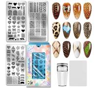 PH PandaHall 3pcs Leopard Print Nail Stamping Plates Animal Print Nails Art Templates Geometric Lines Nail Design Stamp Heart Star Nails Art Stencils for Manicures Salon Design Printing Accessories