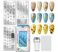 PH PandaHall 3pcs Moon Star Nail Stamping Plates, Mysterious Star Moon Line Nail Art Templates Stainless Steel Image Plate Art Stencils with Tools for Women DIY Print Manicures Salon Design Supplies