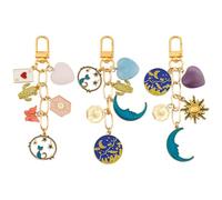 PH PandaHall 3pcs Natural Crystal Keychains for Women, Gold Enamel Pendant Keychain Rose Quartz Amethyst White Jade Heart Charms Sun Moon Cactus Charms for Purse Handbags Bags Gift Keyring