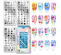 PH PandaHall 3pcs Pixel Pattern Nail Stamping Plates Cute Animals Nails Art Stencils Fruit Cake Nails Image Plates Moon Star Flower Nail Art Templates for Women Manicures Salon DIY Printing Design