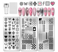 PH PandaHall 3pcs Plaid Nail Stamping Plates Checkerboard Nails Art Stencils Tartan Pattern Nail Art Templates Heart Star Butterfly Manicure Image Plates for Women DIY Print Manicures Salon Design