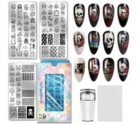 PH PandaHall 3pcs Reading Skull Nail Stamping Plates, Vintage Rose Skull Book Nail Art Templates Gothic Skelton Stainless Steel Image Plate Stencils with Tool for DIY Print Manicures Salon Design