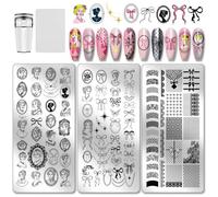 PH PandaHall 3pcs Retro Lady Portrait Nail Stamp Plates Bow Tie Nail Arts Templates Lace Ribbon Nails Art Stencils Vintage Style Nails Image Plates for Women DIY Manicures Salon Design Printing
