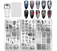 PH PandaHall 3pcs Skull Nail Stamping Plates, Bone Skeleton Flower Nail Art Templates Gothic Skull Art Stencils Image Plate for DIY Print Manicures Salon Design Halloween