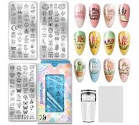 PH PandaHall 3pcs Spring Nail Stamping Plates Flowers Leaf Nail Art Template Butterfly Bee Nails Image Plate Potted Plants Nails Design Stamper for Women Spring Manicures Salon Decoration Printing