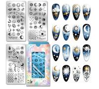 PH PandaHall 3pcs Star Moon Sun Nail Stamping Plates Galaxy Night Sky Nail Art Templates Cosmic Planets Nails Art Stencils Flower Nail Stamper Plate for Women Manicures Salon Design DIY Printing