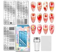 PH PandaHall 3pcs Strawberry Cake Nail Stamping Plate, Sweet Bowknot Nail Art Templates Strawberry Desserts Stainless Steel Image Plate Art Stencils with Tool for DIY Manicures Salon Design