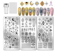 PH PandaHall 3pcs Vintage Totem Nail Stamping Plates Ethnic Styles Nails Art Stencils Bohemian Manicure Art Templates Moon Star Nail Image Plate for Women DIY Manicures Salon Design Print