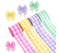 PH PandaHall 4 Rolls 20 Yards Spring Bubble Ribbon Wired, 2.5 inches Wired Edge Ribbon Coloured Gingham Craft Fabric Ribbons for DIY Gift Christmas Decoration Wrapping Bow Wreath Making Craft Supplies