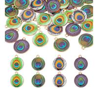 PH PandaHall 40pcs 4 Colours Feather Charms, Peacock Feather Pendants 17mm Flat Round Feather Charms Alloy Enamel Pendants Plumage Charms for Earring Necklace Bracelet Dreamer Catcher Jewellery Making