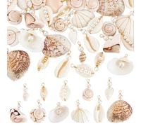 PH PandaHall 44pcs Natural Shell Pendants 11 Styles Ocean Beach Seashell Charms with Pearl Wire Wrapped Clam Cowrie Shell Dangle Beads with Loop for Necklace Earrings Summer Mermaid Jewellery Making