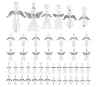 PH PandaHall 48pcs 6 Styles Angel Wing Charms, White Pearl Beads Flower Caps with Antique Silver Wing Angel Fairy Beads Dangle Pendants for DIY Necklace Bracelet Jewelry Keychain Making