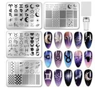 PH PandaHall 4pcs 12 Zodiac Signs Nail Stamping Plates Constellation Nails Art Templates Star Moon Nail Image Plate Planets Cosmic Print Nails Stencils for Women Manicures Salon Design Decoration