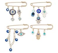 PH PandaHall 4PCS 4Style Evil Eye Lapel Pin Blue Eye Pendants Golden Turkish Eyes Pin Hamsa Protection Charm Enamel Rhinestone Hamsa Hand Brooch for Collar Clothes Hats Bags Scarf Decoration