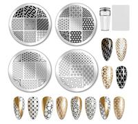 PH PandaHall 4pcs Artistic Geometric Nail Stamping Plates, Modern Style Nail Art Templates Nails Design Stencil Stainless Steel Image Plate with Tool for Women DIY Print Manicures Salon Design