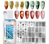 PH PandaHall 4pcs Asian Culture Nail Stamping Plates Chinese Style Nail Art Templates Panda Crane Lantern Nails Art Stencils Vintage Flowers Nails Design Stamp for New Year Manicures Salon DIY Print