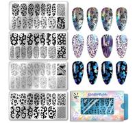 PH PandaHall 4pcs Flower Nail Stamping Plates Rose Floral Nail Art Templates Tropical Leaf Manicure Stencils Butterfly Nails Art Plate Nails Design Stamper for Women Manicures Salon Printing Decor