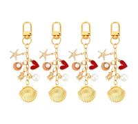 PH PandaHall 4pcs Gold Beach Keychain, Ocean Themed Bag Charm Pearl Shell Heart Turtle Pendant Bag Hangings with Swivel Clasps Beachy Bag Charms for Handbag Vacation Party Home Decoration