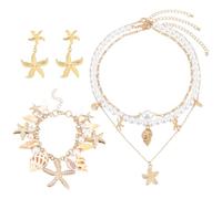 PH PandaHall 4pcs Halloween Mermaid Jewelries for Women, Mermaid Shell Pearl Necklace Bracelet Earrings Ocean Beach Jewelry Accessories for Halloween Party Cosplay Decoration, Gold